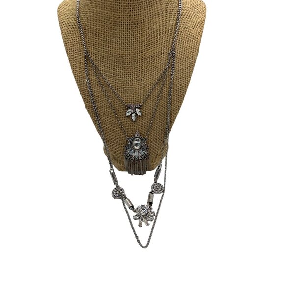Multi Layer Silver Tone Necklace Clear Crystal Accents Lobster Clasp Adjustable - Picture 2 of 5